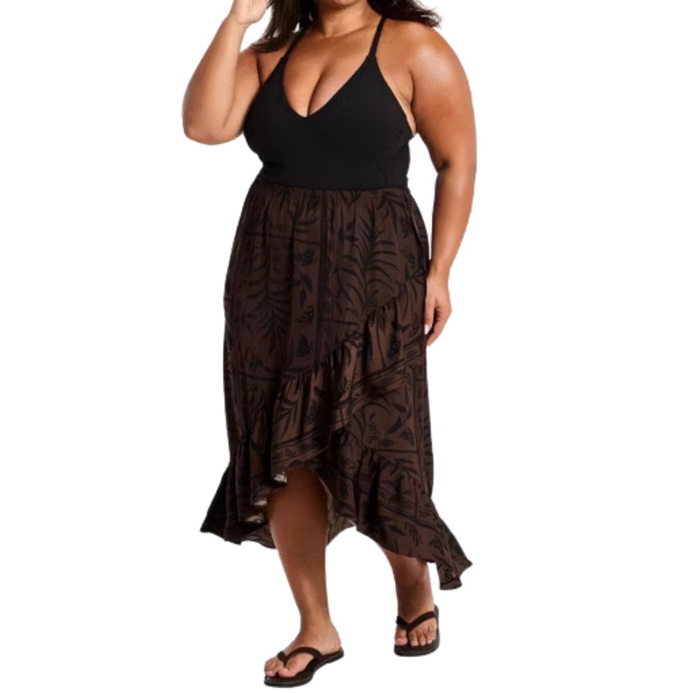 A New Day Women's 4X Brown Black Floral Ruffle High-Low Skirt